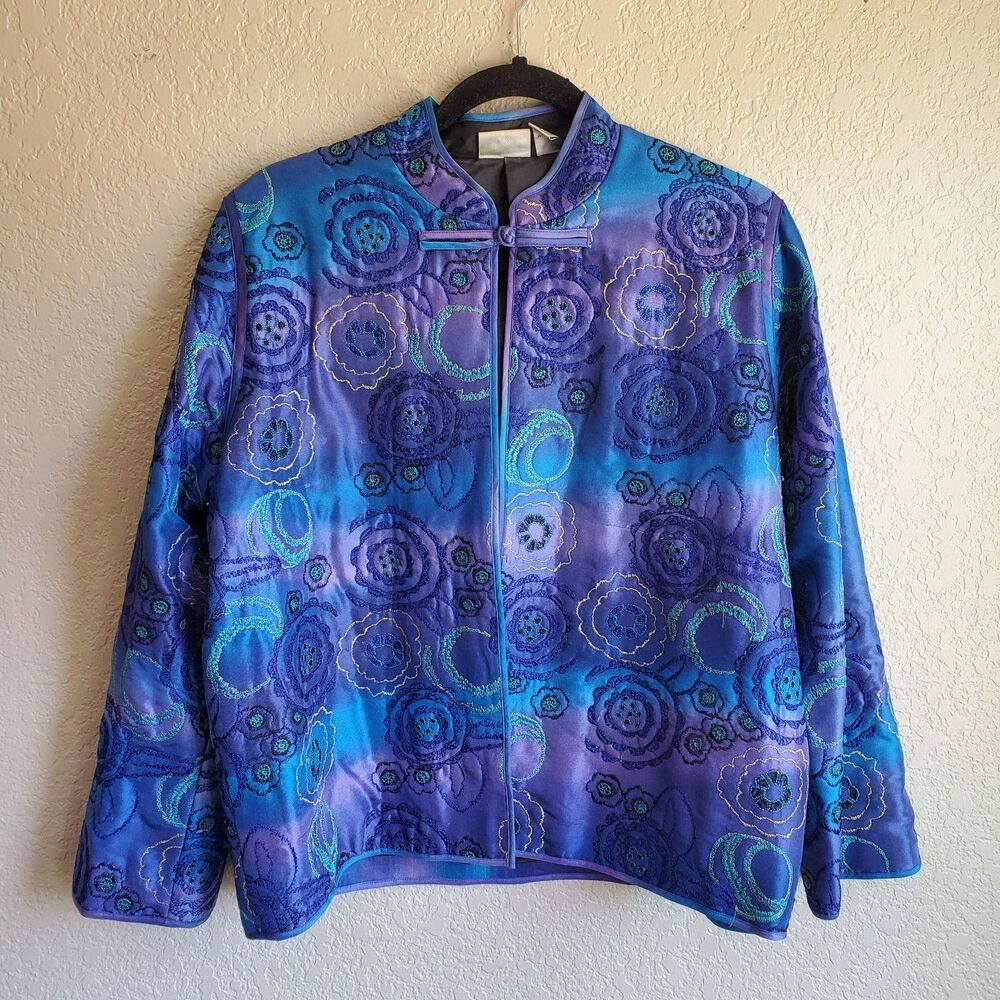 Chicos 1 Silk Jacket Blue Purple Artsy Print Layering Asian Inspired 8
